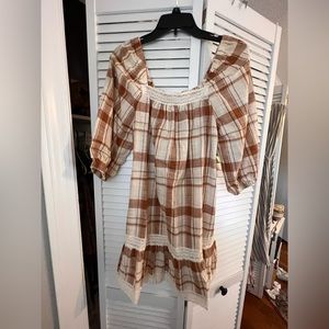 Pink Lily Brown Plaid Square Neck Dress - brand new